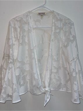 Jealous Tomato White Floral Laced Front Tied Cardigan With Flowy Bell Sleeves